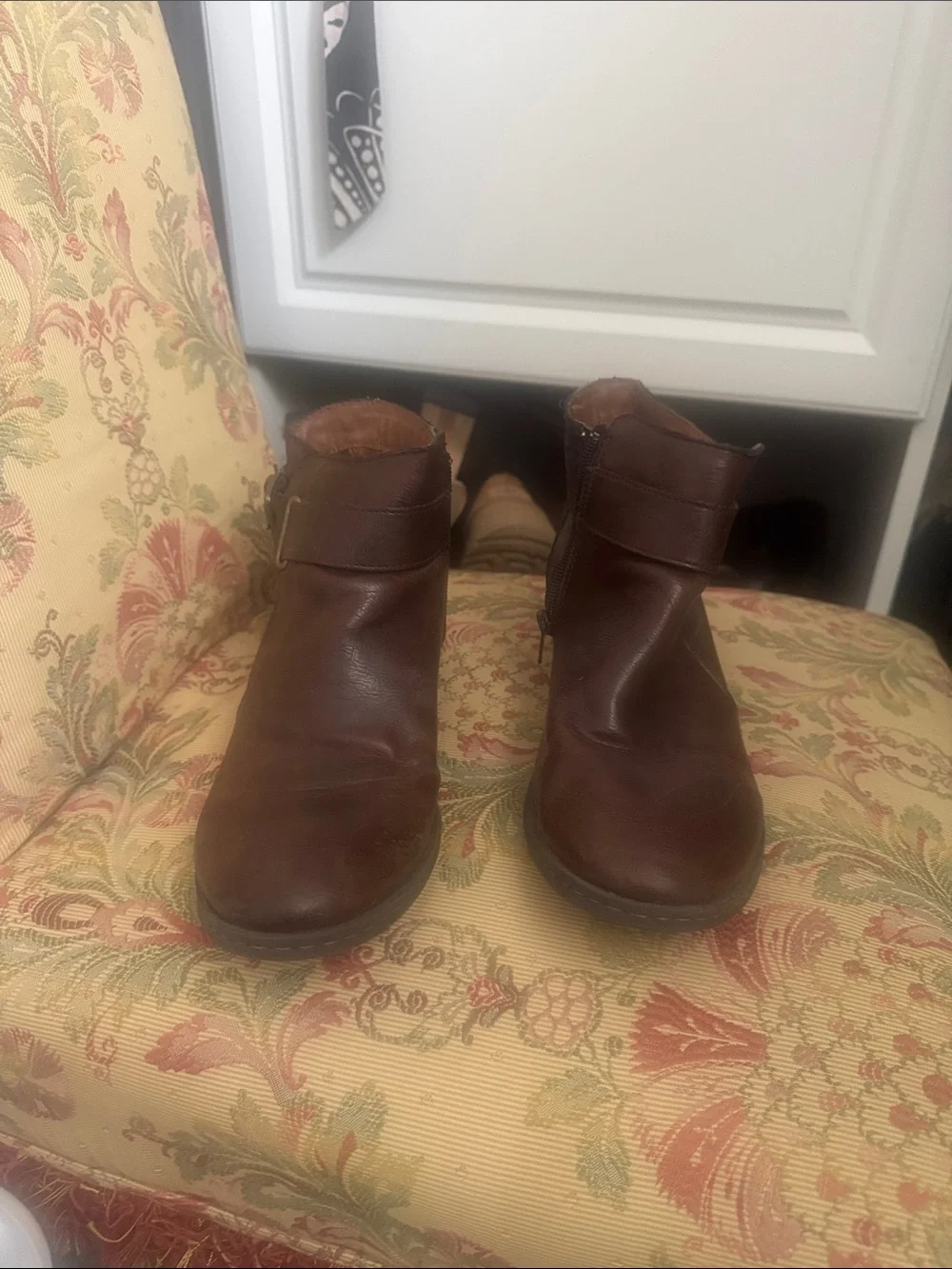 boc Brown Leather Ankle Booties with Side Zip & Strap